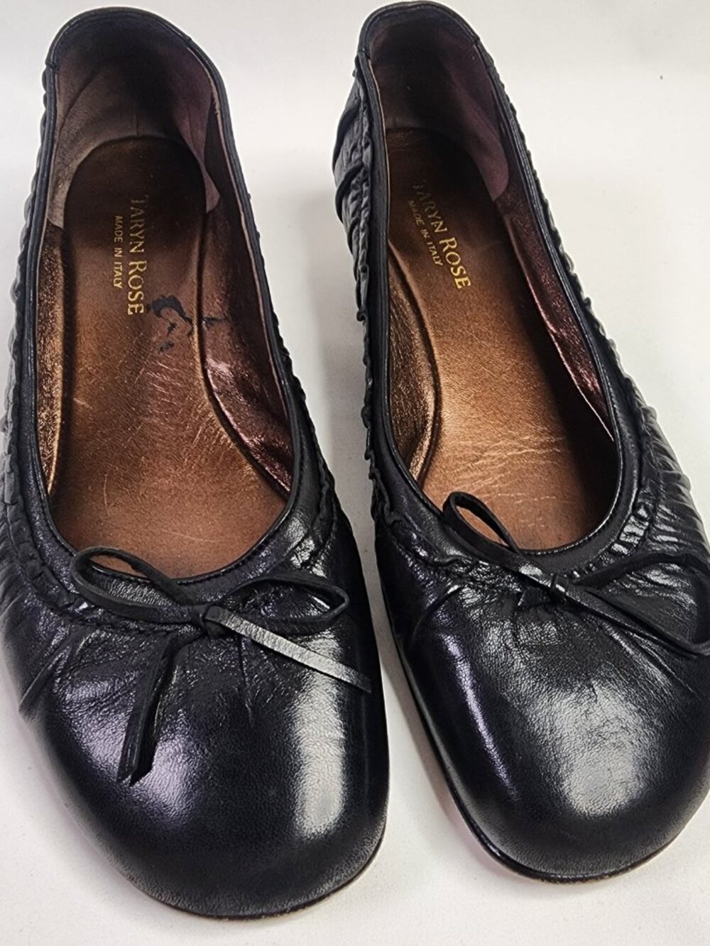 Taryn Rose Black Leather Ruched Ballet Wedge Flats Size EU 38.5 Made in Italy